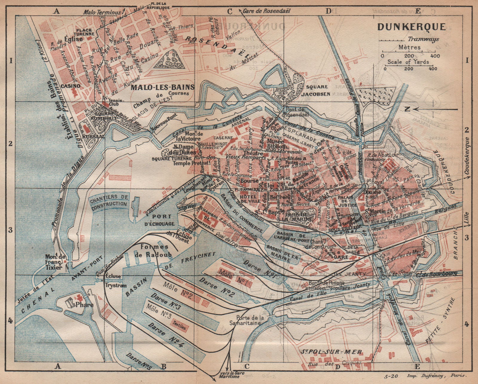 DUNKERQUE. Vintage town city map plan. Nord 1920 old antique chart